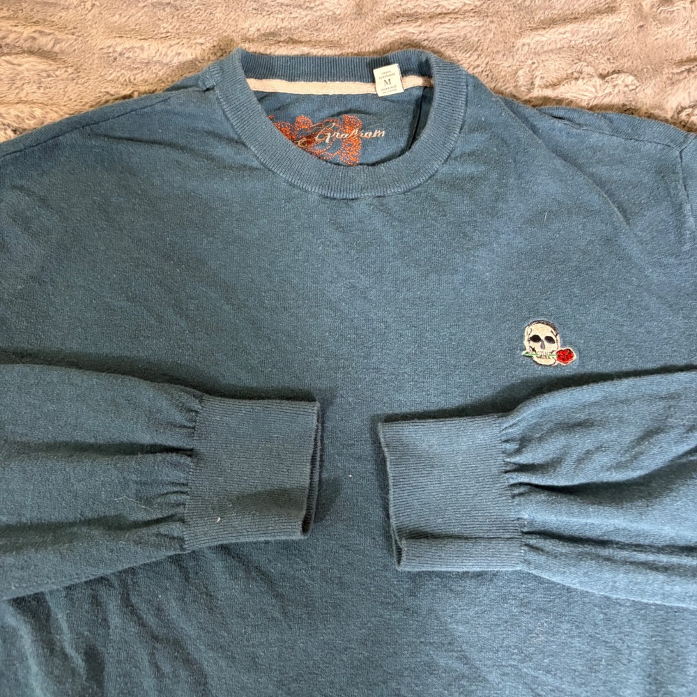 Robert Graham Men Teal Cotton Linen Skull Rose Embroidered Sweater Classic Fit M